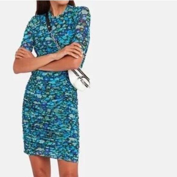 Ganni Ruched Floral Blue Mini Dress Skze 34 - Picture 1 of 11